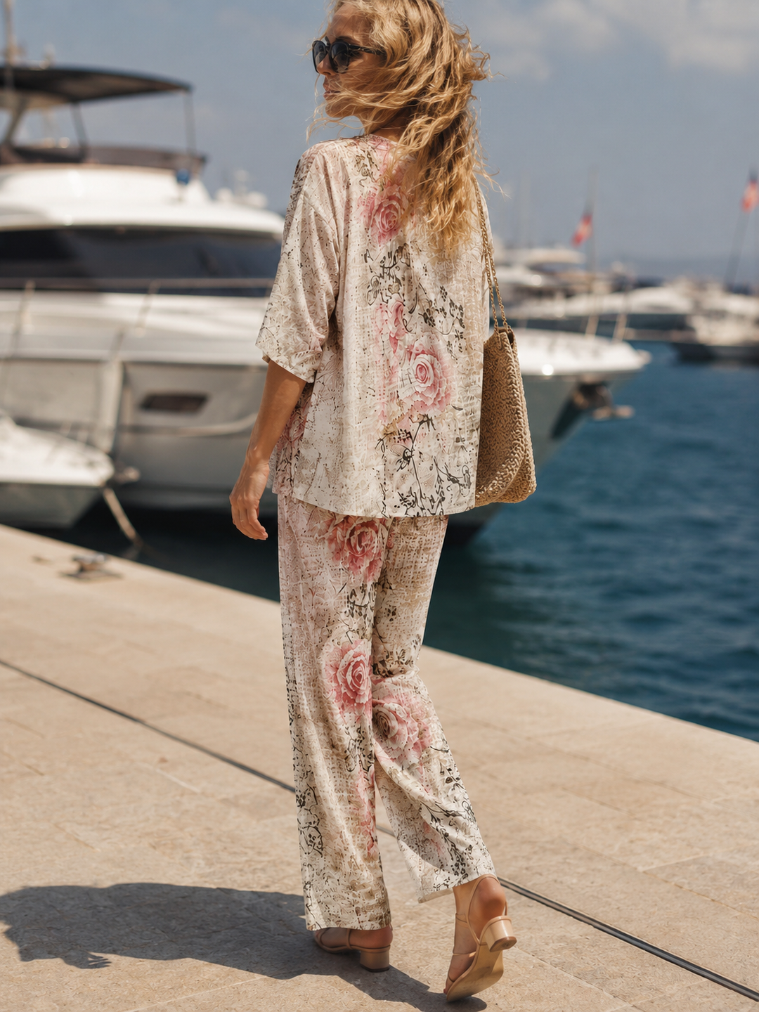 Women's Plain Woven Three-Quarter Sleeve Round Neck Double Layer Hem Top and Botanical Leaf Print Wide Leg Trouser Two-Piece Set