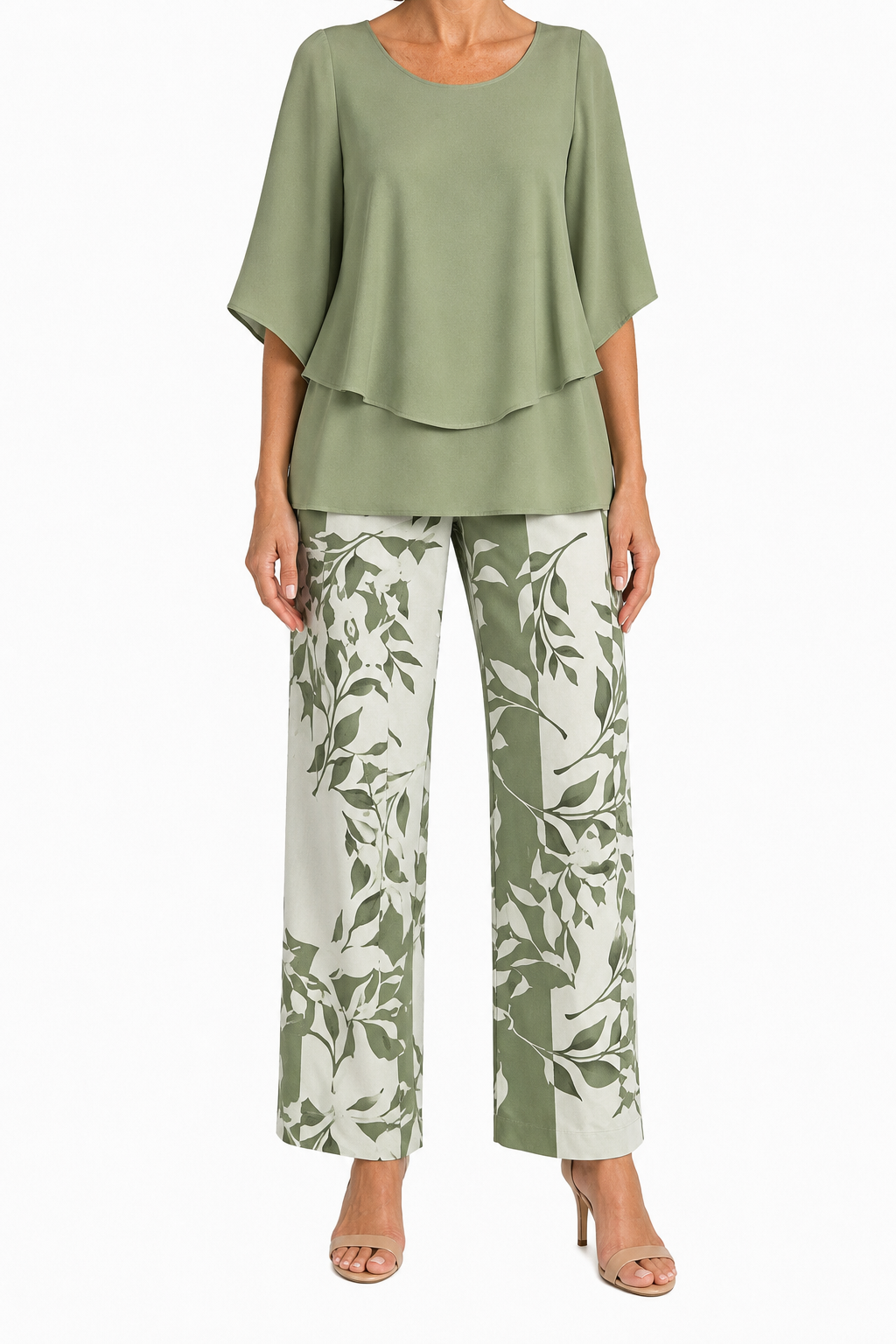 Women's Plain Woven Three-Quarter Sleeve Round Neck Double Layer Hem Top and Botanical Leaf Print Wide Leg Trouser Two-Piece Set