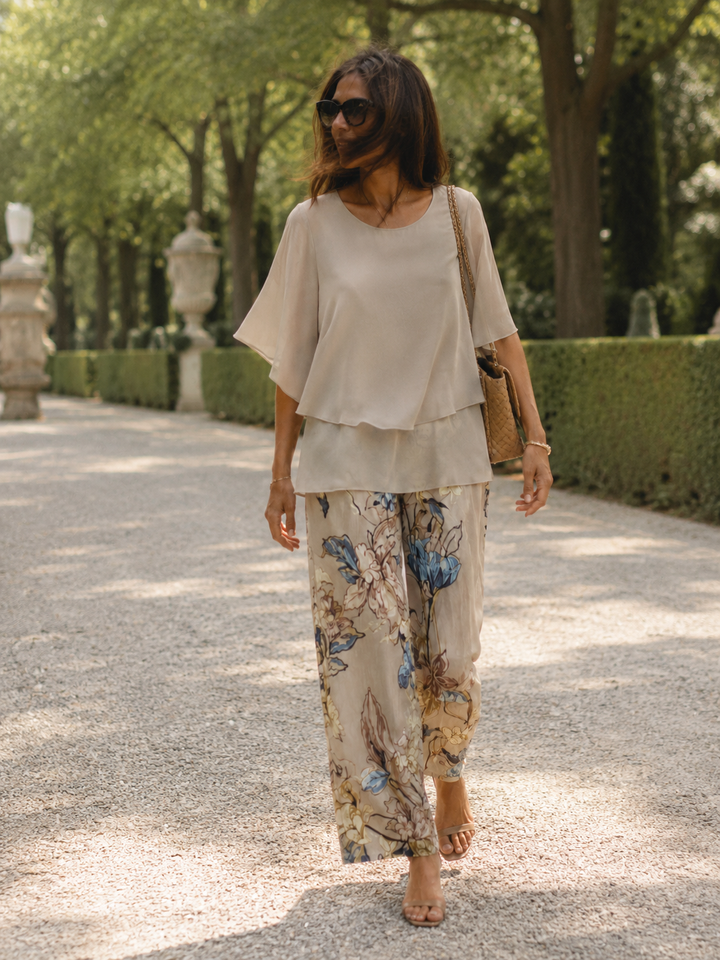 Women's Plain Woven Three-Quarter Sleeve Round Neck Double Layer Hem Top and Botanical Leaf Print Wide Leg Trouser Two-Piece Set