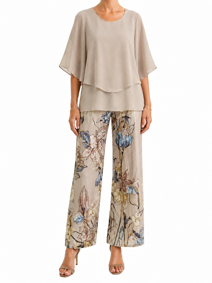 Women's Plain Woven Three-Quarter Sleeve Round Neck Double Layer Hem Top and Botanical Leaf Print Wide Leg Trouser Two-Piece Set