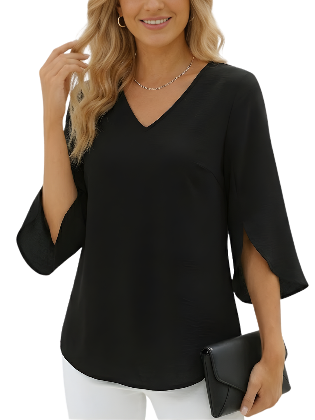 Women's Plain Woven Three-Quarter Split Flare Sleeve V-Neck Relaxed Fit Rounded Hem Blouse