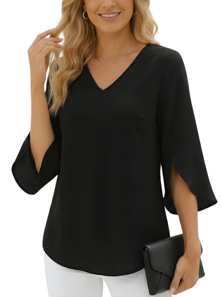 Women's Plain Woven Three-Quarter Split Flare Sleeve V-Neck Relaxed Fit Rounded Hem Blouse
