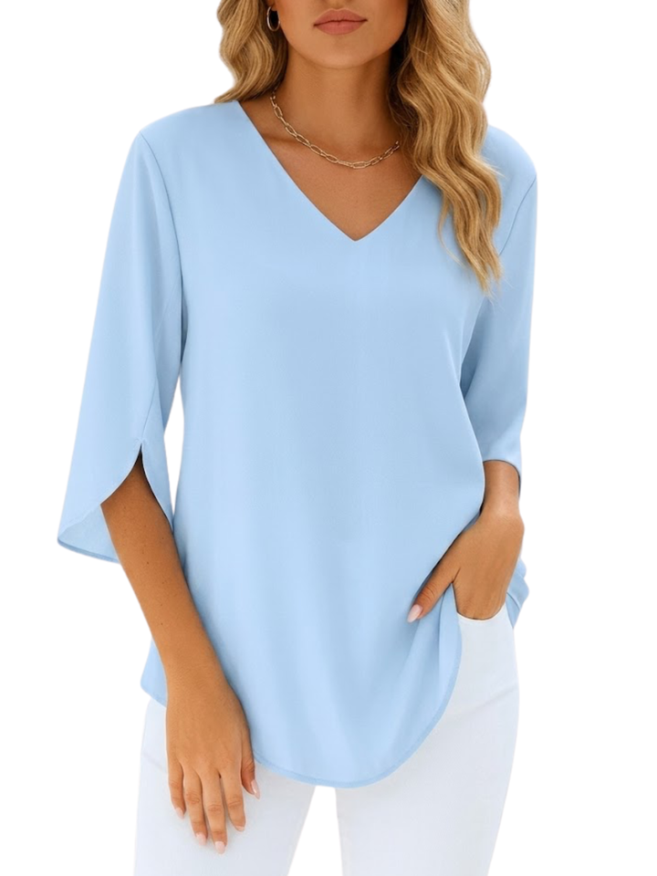 Women's Plain Woven Three-Quarter Split Flare Sleeve V-Neck Relaxed Fit Rounded Hem Blouse