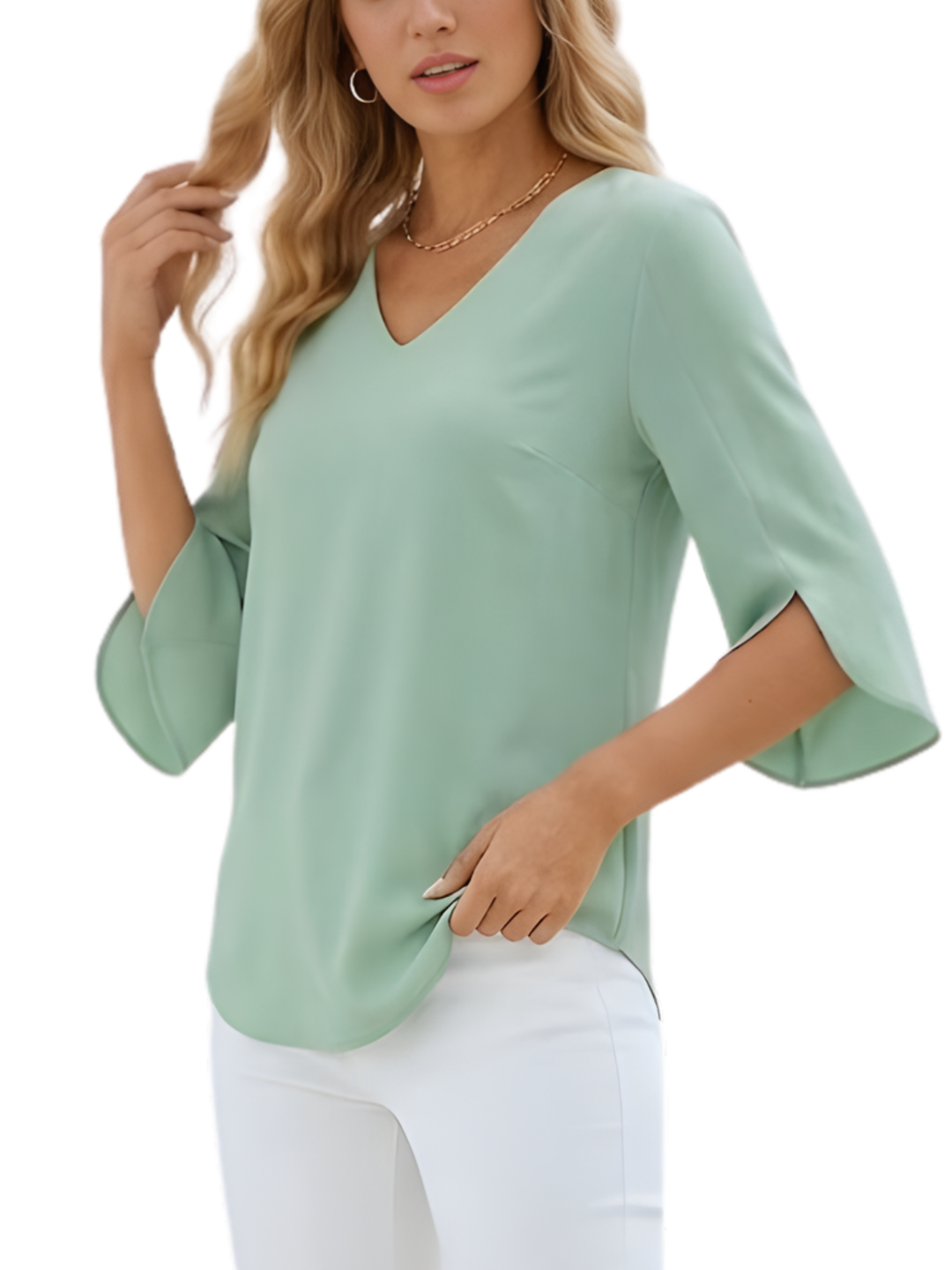 Women's Plain Woven Three-Quarter Split Flare Sleeve V-Neck Relaxed Fit Rounded Hem Blouse
