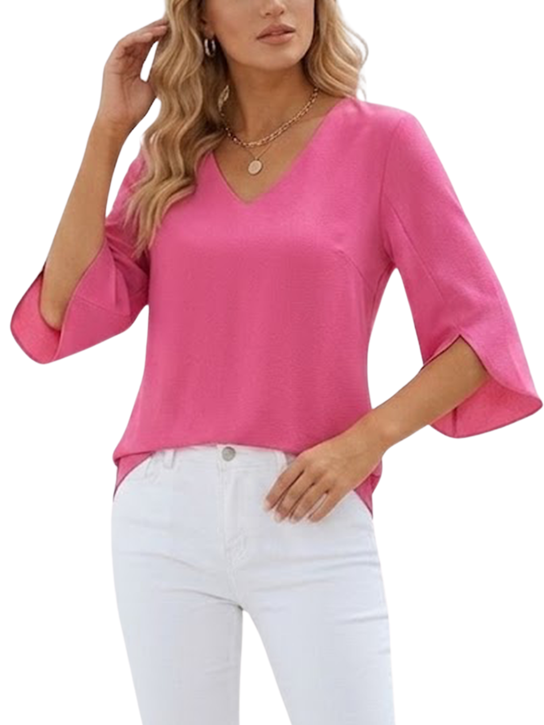 Women's Plain Woven Three-Quarter Split Flare Sleeve V-Neck Relaxed Fit Rounded Hem Blouse
