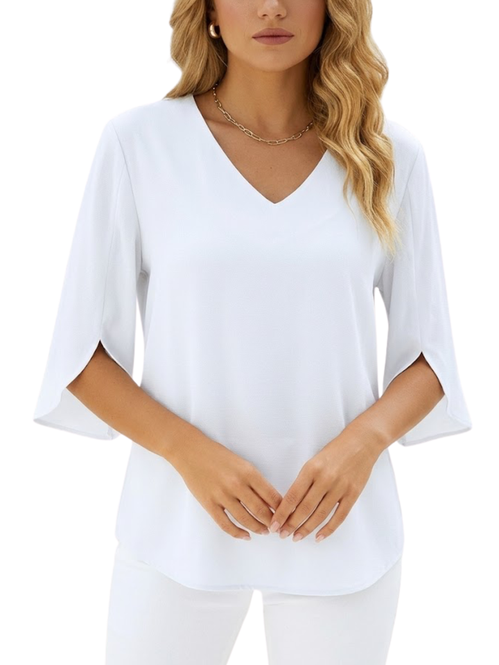 Women's Plain Woven Three-Quarter Split Flare Sleeve V-Neck Relaxed Fit Rounded Hem Blouse