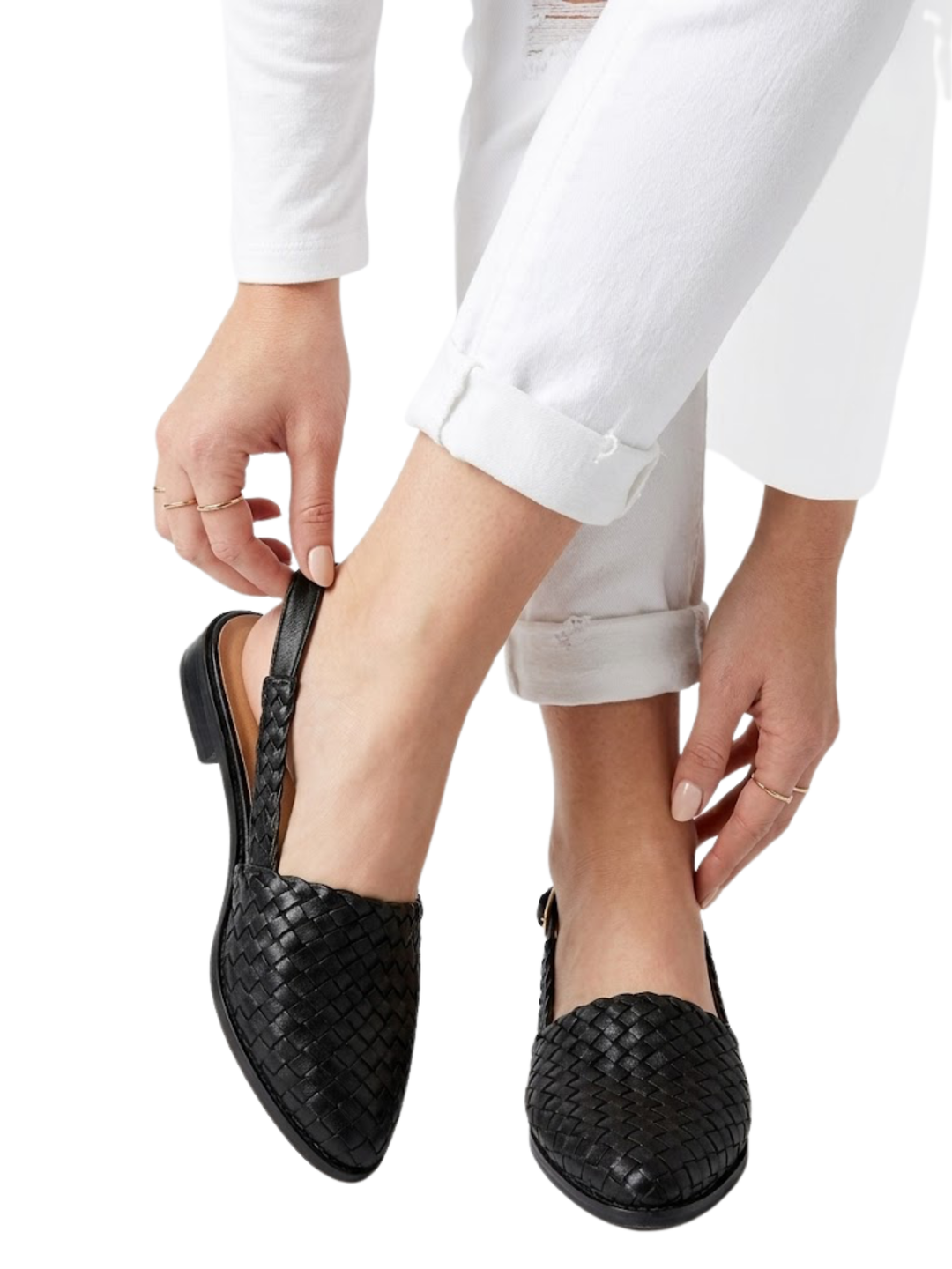 Women's Pointed Toe Interlaced Basket Pattern Upper Slingback Adjustable Buckle Ankle Strap Low Block Heel Flat Sandals