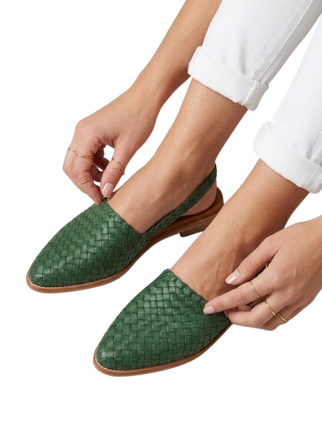 Women's Pointed Toe Interlaced Basket Pattern Upper Slingback Adjustable Buckle Ankle Strap Low Block Heel Flat Sandals