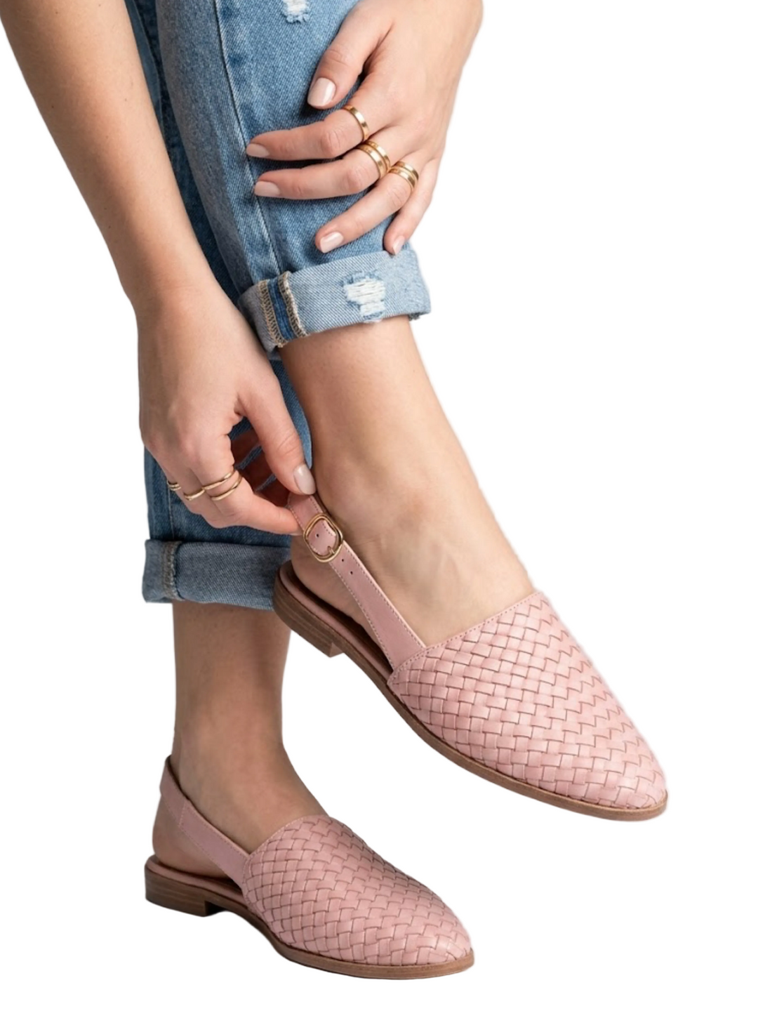 Women's Pointed Toe Interlaced Basket Pattern Upper Slingback Adjustable Buckle Ankle Strap Low Block Heel Flat Sandals