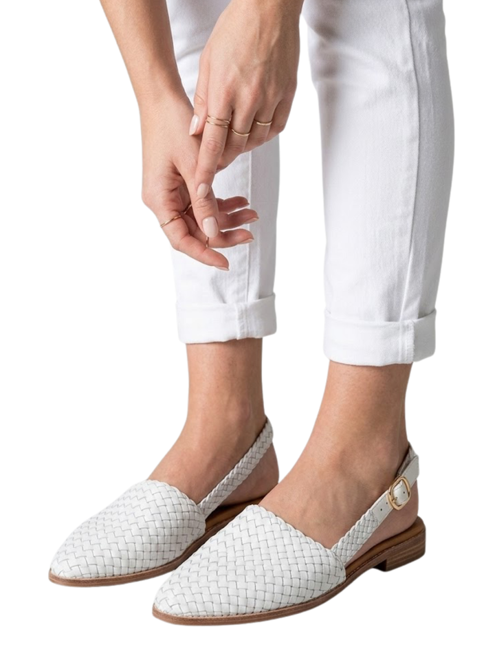 Women's Pointed Toe Interlaced Basket Pattern Upper Slingback Adjustable Buckle Ankle Strap Low Block Heel Flat Sandals