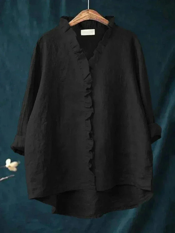 Women's Relaxed Fit Ruffle Placket Button-Through Blouse with Stand Ruffle Collar, Long Rolled Cuff Sleeves and High-Low Hem