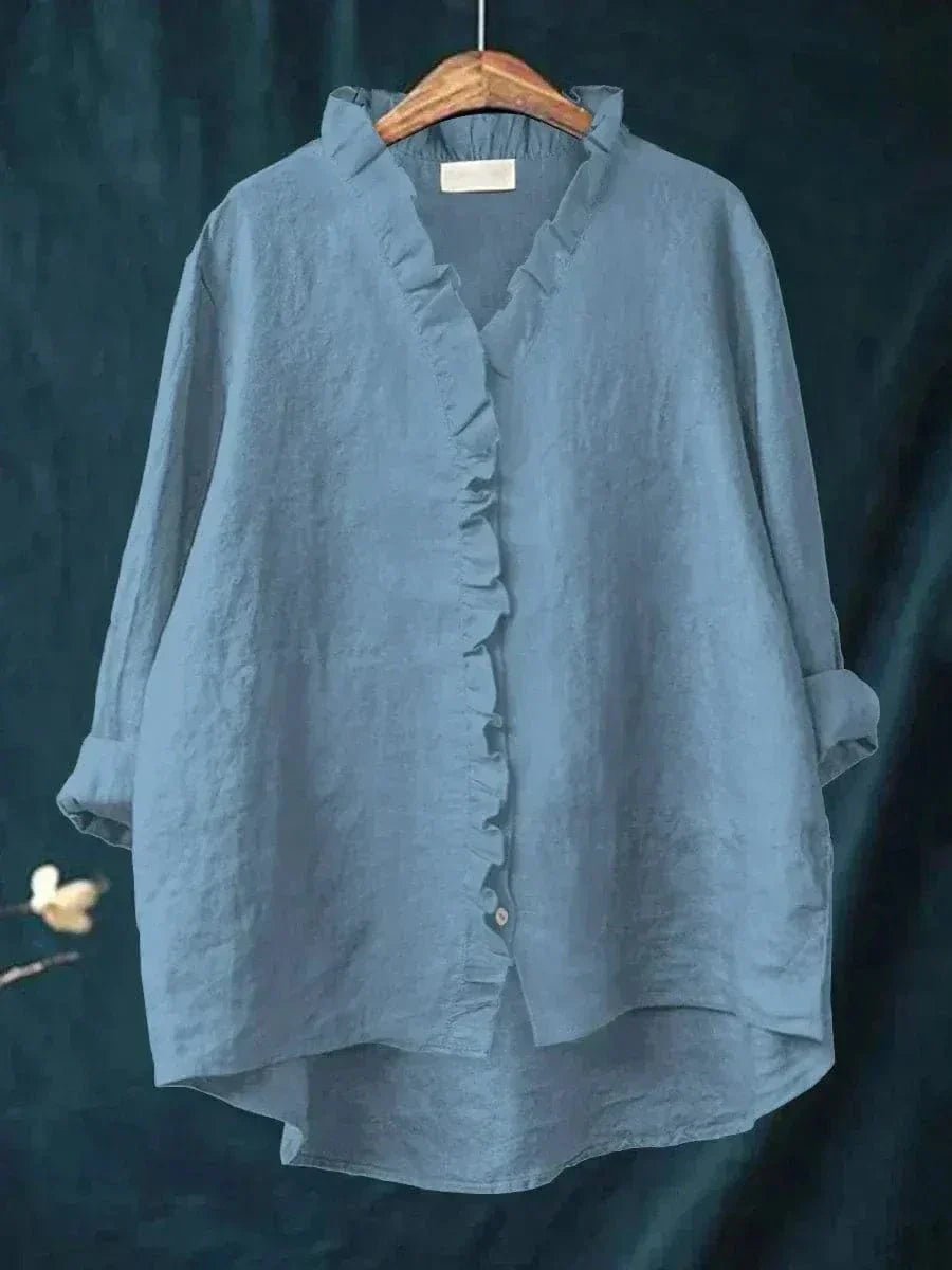 Women's Relaxed Fit Ruffle Placket Button-Through Blouse with Stand Ruffle Collar, Long Rolled Cuff Sleeves and High-Low Hem