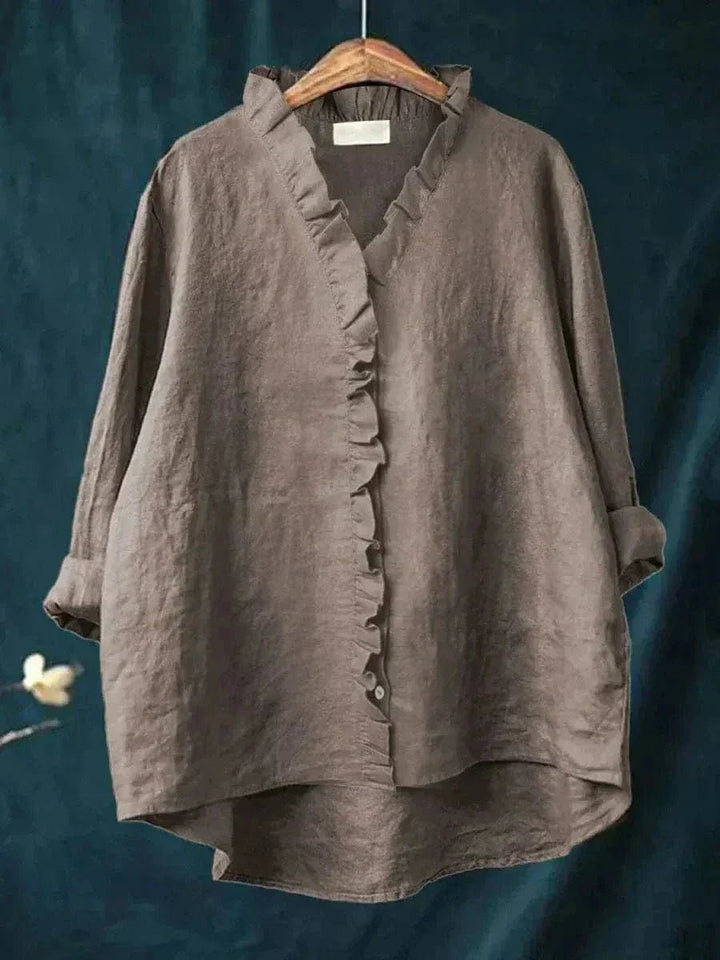 Women's Relaxed Fit Ruffle Placket Button-Through Blouse with Stand Ruffle Collar, Long Rolled Cuff Sleeves and High-Low Hem