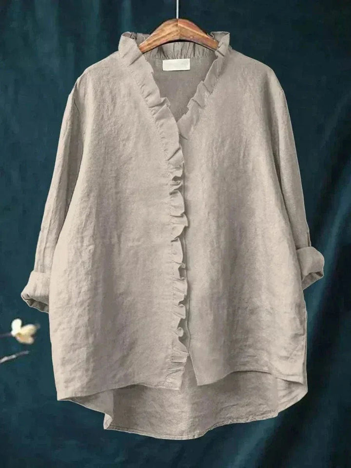 Women's Relaxed Fit Ruffle Placket Button-Through Blouse with Stand Ruffle Collar, Long Rolled Cuff Sleeves and High-Low Hem