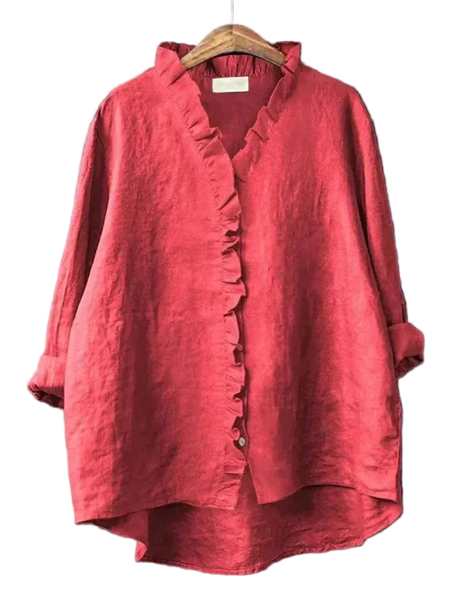 Women's Relaxed Fit Ruffle Placket Button-Through Blouse with Stand Ruffle Collar, Long Rolled Cuff Sleeves and High-Low Hem