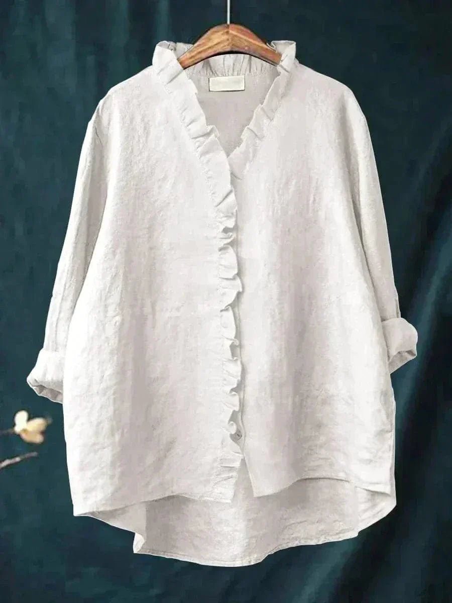 Women's Relaxed Fit Ruffle Placket Button-Through Blouse with Stand Ruffle Collar, Long Rolled Cuff Sleeves and High-Low Hem