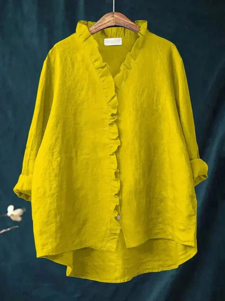 Women's Relaxed Fit Ruffle Placket Button-Through Blouse with Stand Ruffle Collar, Long Rolled Cuff Sleeves and High-Low Hem
