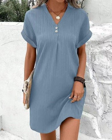 Women's Relaxed Shift Dress with V Neck Two-Button Detail Tonal Vertical Texture and Rolled Cuff Short Sleeves