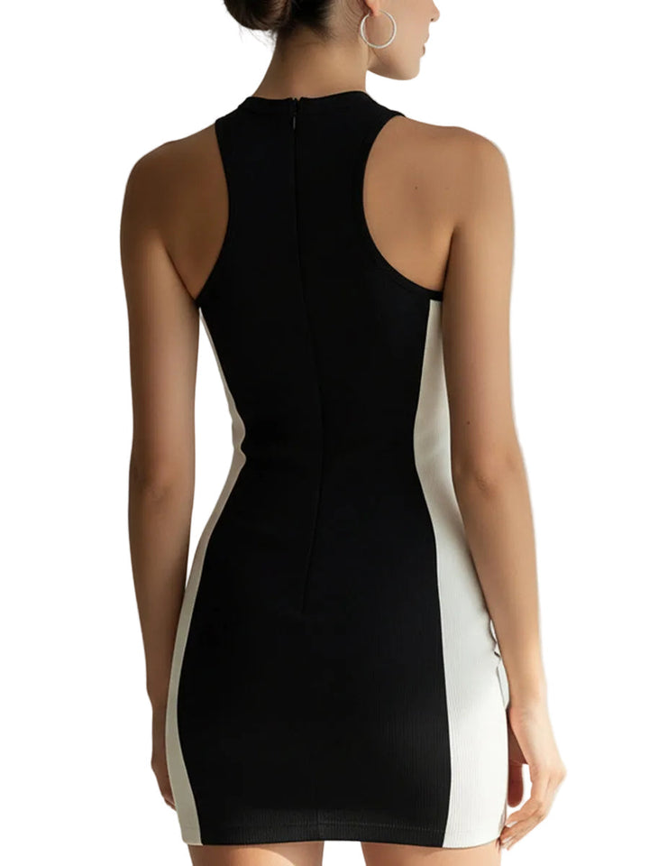 Women's Ribbed Sleeveless High Neck Contrast Panel Bodycon Mini Dress