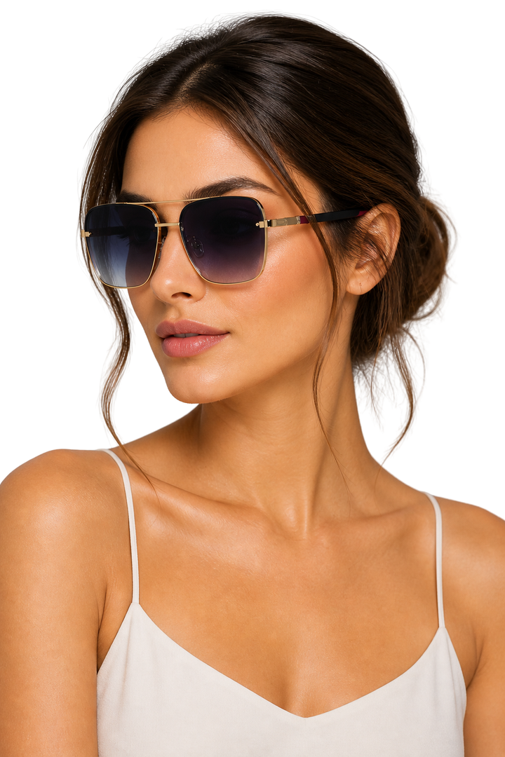 Women's Rimless Square Lens Thin Metal Brow Bar Two Tone Temple Tinted Sunglasses