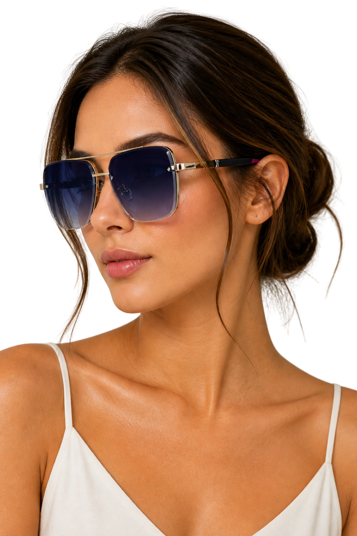 Women's Rimless Square Lens Thin Metal Brow Bar Two Tone Temple Tinted Sunglasses