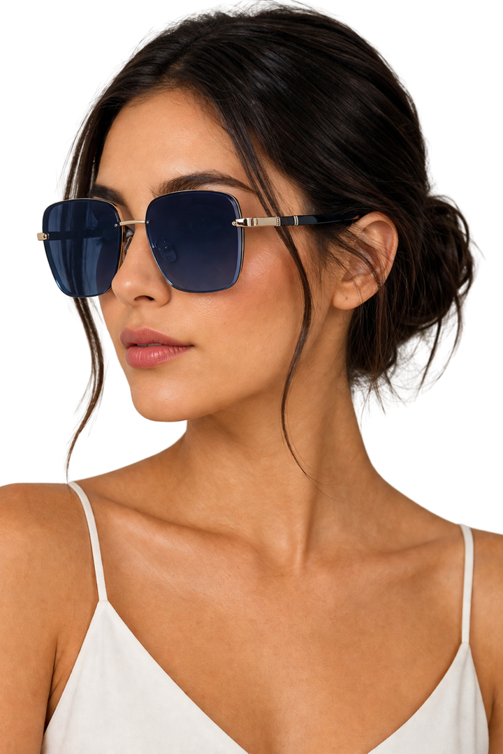 Women's Rimless Square Lens Thin Metal Brow Bar Two Tone Temple Tinted Sunglasses