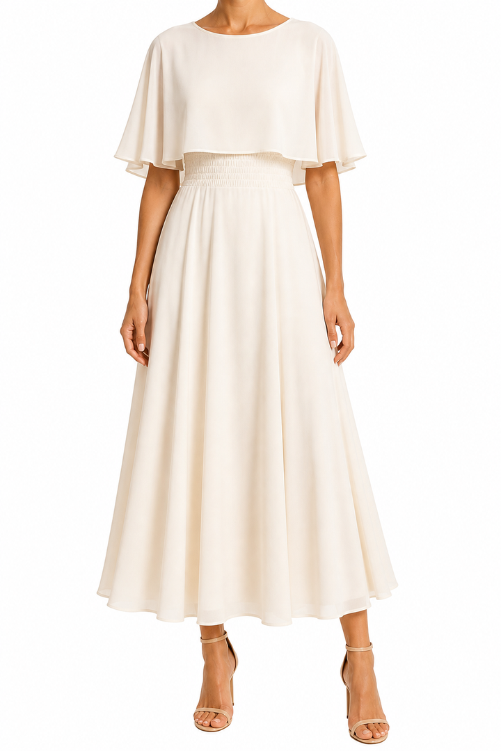Women's Round Neck Cape Overlay Smocked Waistband Full A-Line Fluid Midi Dress