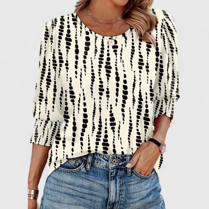 Women's Round Neck Three Quarter Puff Sleeve Smocked Scallop Edge Cuff Relaxed Oversized Solid Plain Top Blouse