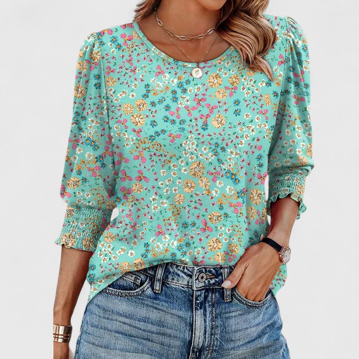 Women's Round Neck Three Quarter Puff Sleeve Smocked Scallop Edge Cuff Relaxed Oversized Solid Plain Top Blouse