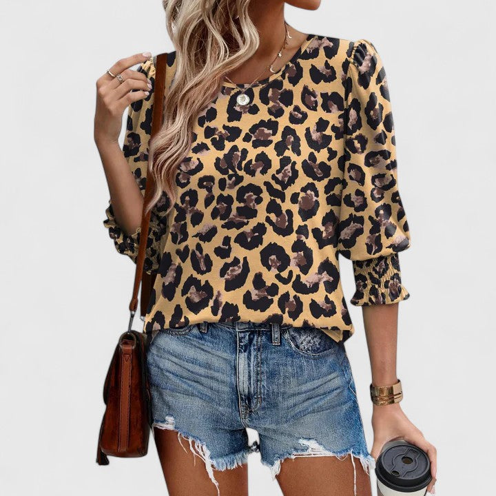 Women's Round Neck Three Quarter Puff Sleeve Smocked Scallop Edge Cuff Relaxed Oversized Solid Plain Top Blouse