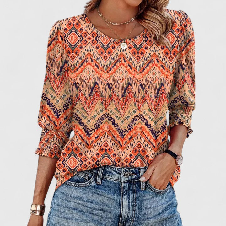Women's Round Neck Three Quarter Puff Sleeve Smocked Scallop Edge Cuff Relaxed Oversized Solid Plain Top Blouse