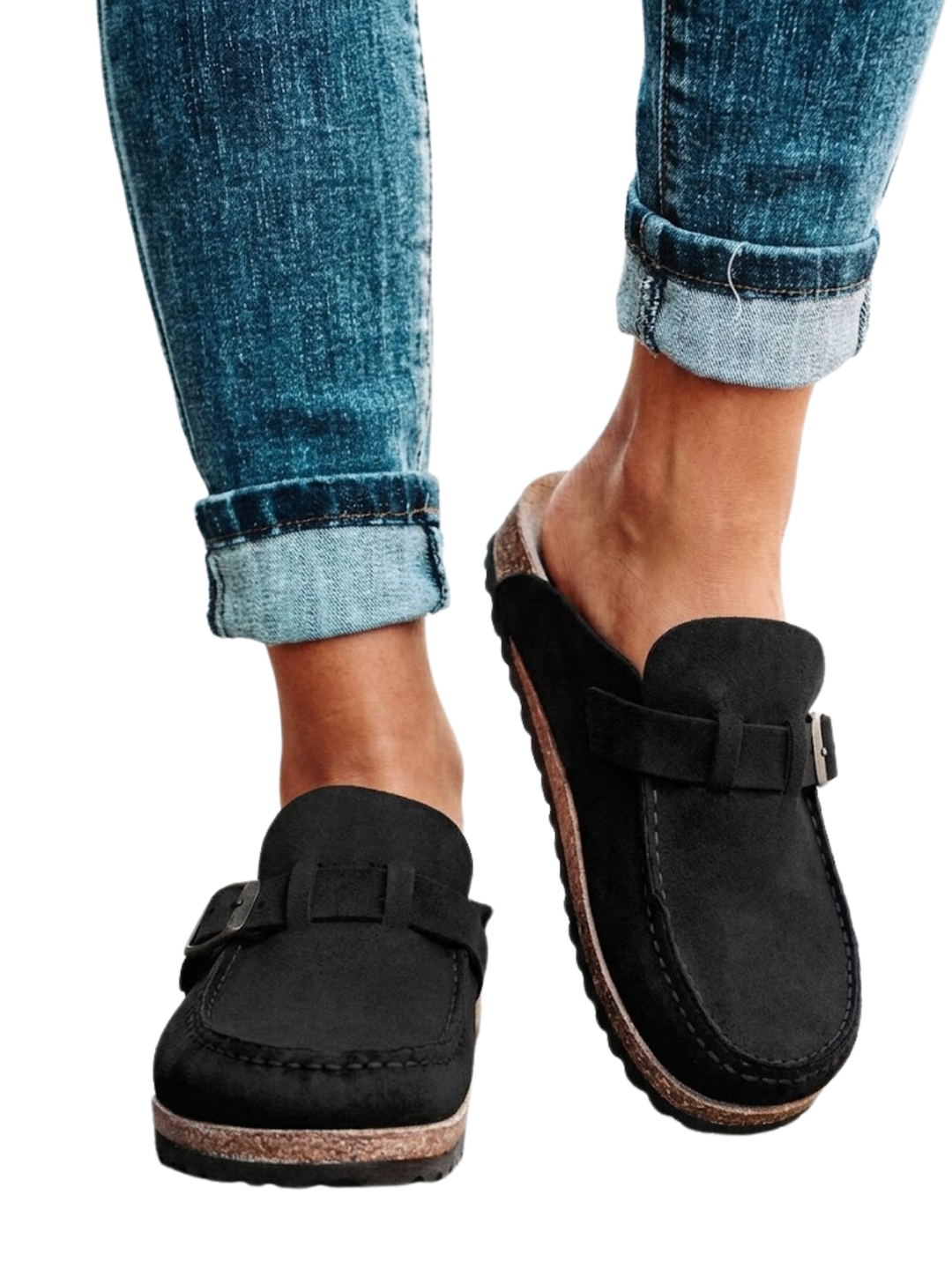 Women's Round Toe Backless Mule Moccasin Topstitched Vamp Buckle Strap Cork Platform Slip-On Loafer