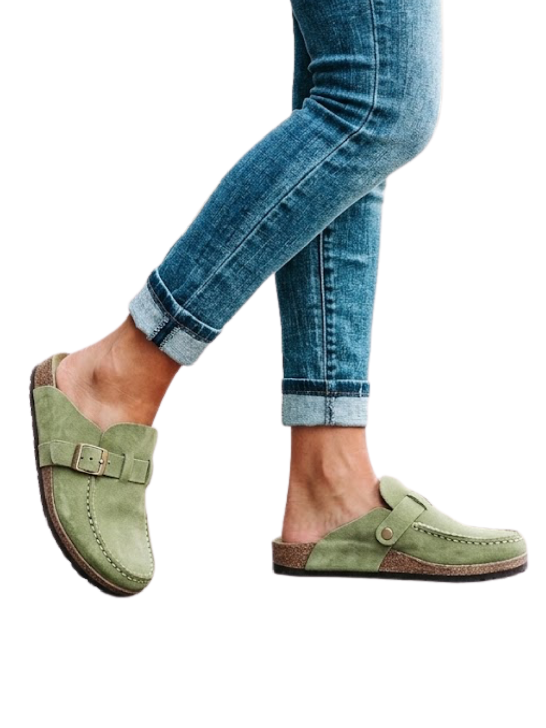 Women's Round Toe Backless Mule Moccasin Topstitched Vamp Buckle Strap Cork Platform Slip-On Loafer
