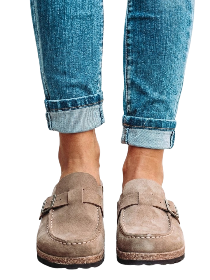 Women's Round Toe Backless Mule Moccasin Topstitched Vamp Buckle Strap Cork Platform Slip-On Loafer