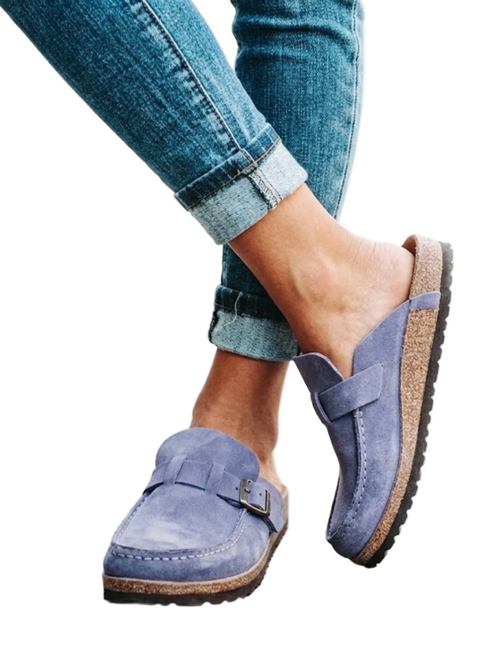 Women's Round Toe Backless Mule Moccasin Topstitched Vamp Buckle Strap Cork Platform Slip-On Loafer