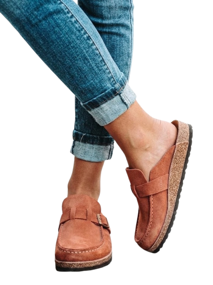Women's Round Toe Backless Mule Moccasin Topstitched Vamp Buckle Strap Cork Platform Slip-On Loafer