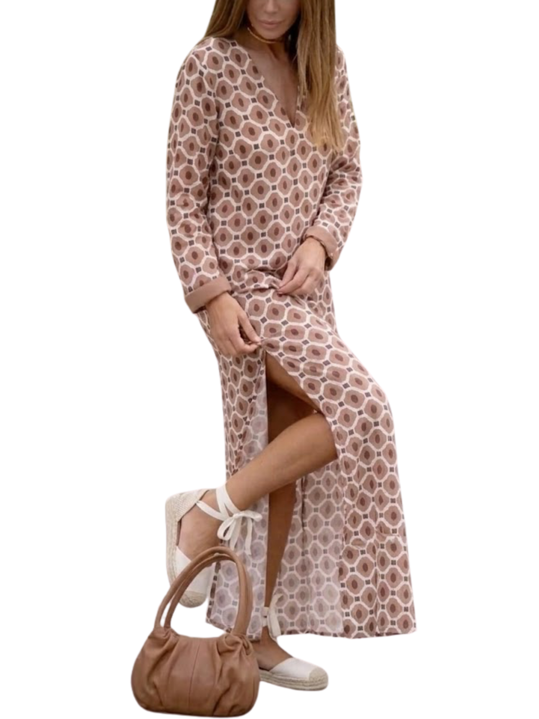 Women's Satin Woven All-Over Abstract Oval Spot Print Long Straight Sleeve Notch V-Neck Oversized Side Split Maxi Dress