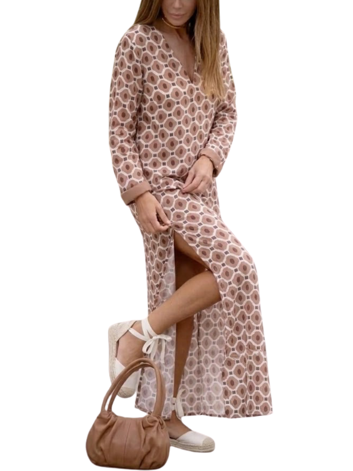 Women's Satin Woven All-Over Abstract Oval Spot Print Long Straight Sleeve Notch V-Neck Oversized Side Split Maxi Dress
