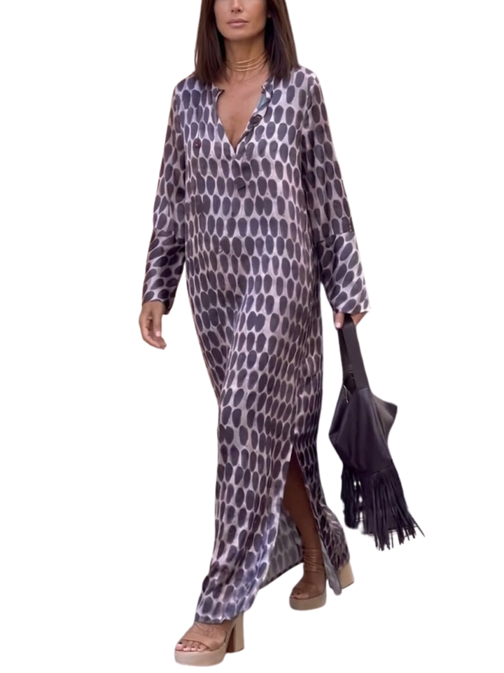 Women's Satin Woven All-Over Abstract Oval Spot Print Long Straight Sleeve Notch V-Neck Oversized Side Split Maxi Dress