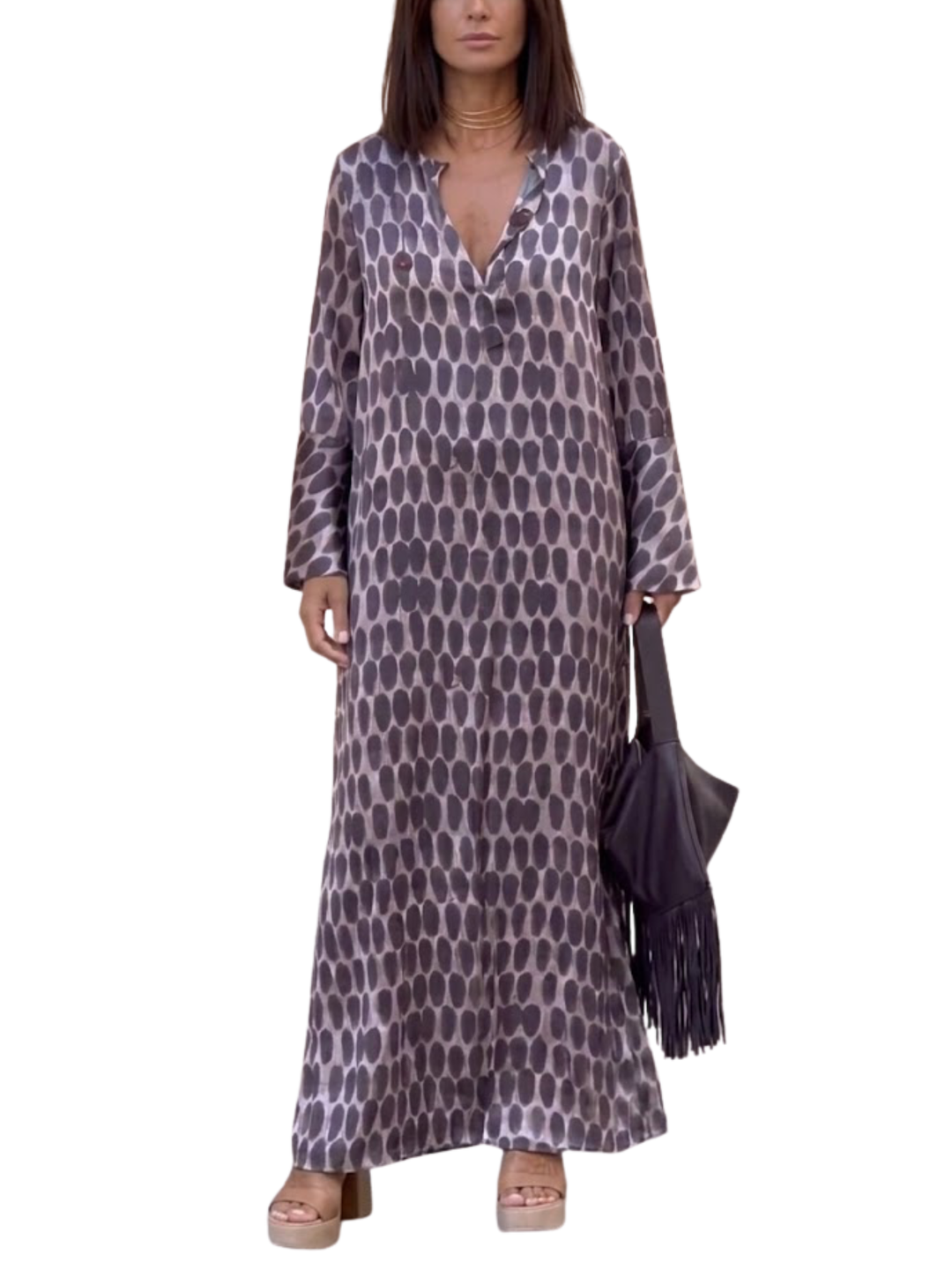 Women's Satin Woven All-Over Abstract Oval Spot Print Long Straight Sleeve Notch V-Neck Oversized Side Split Maxi Dress