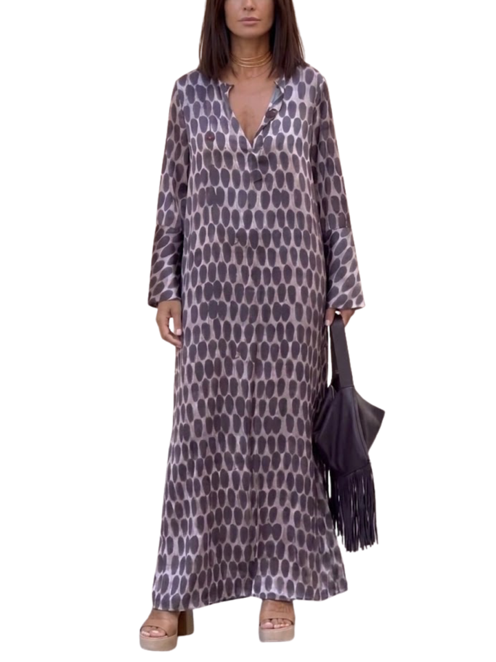 Women's Satin Woven All-Over Abstract Oval Spot Print Long Straight Sleeve Notch V-Neck Oversized Side Split Maxi Dress