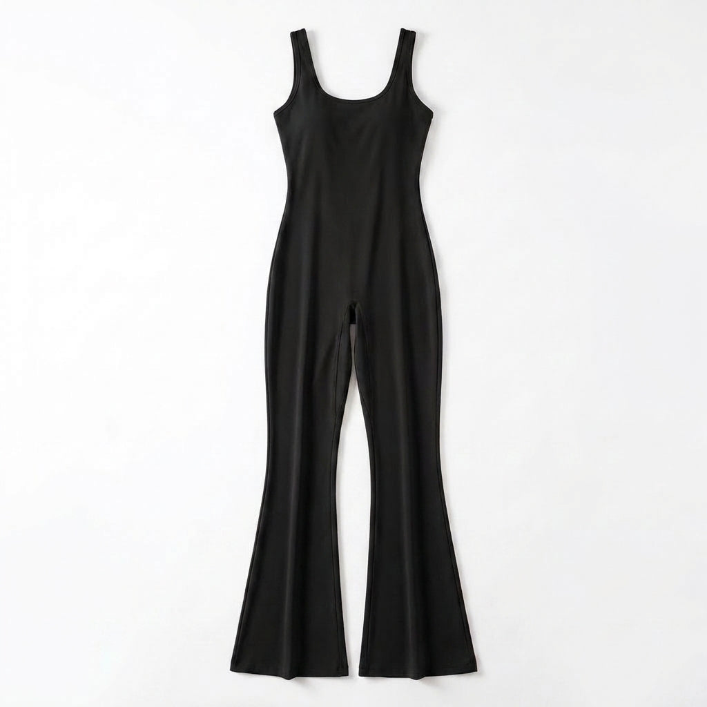 Women's Scoop Neck Sleeveless Fitted Bodice Flared Leg Full Length Jumpsuit
