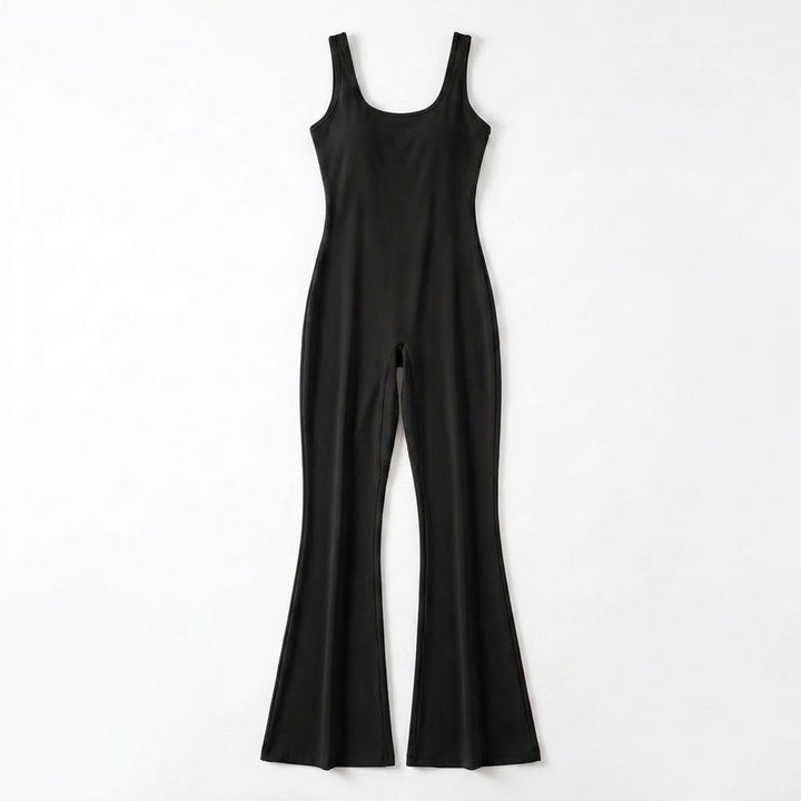 Women's Scoop Neck Sleeveless Fitted Bodice Flared Leg Full Length Jumpsuit