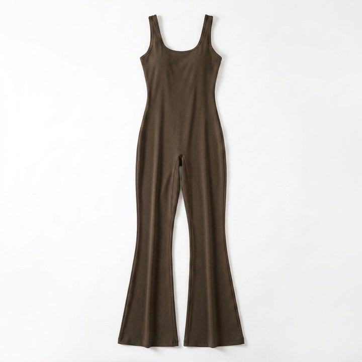 Women's Scoop Neck Sleeveless Fitted Bodice Flared Leg Full Length Jumpsuit