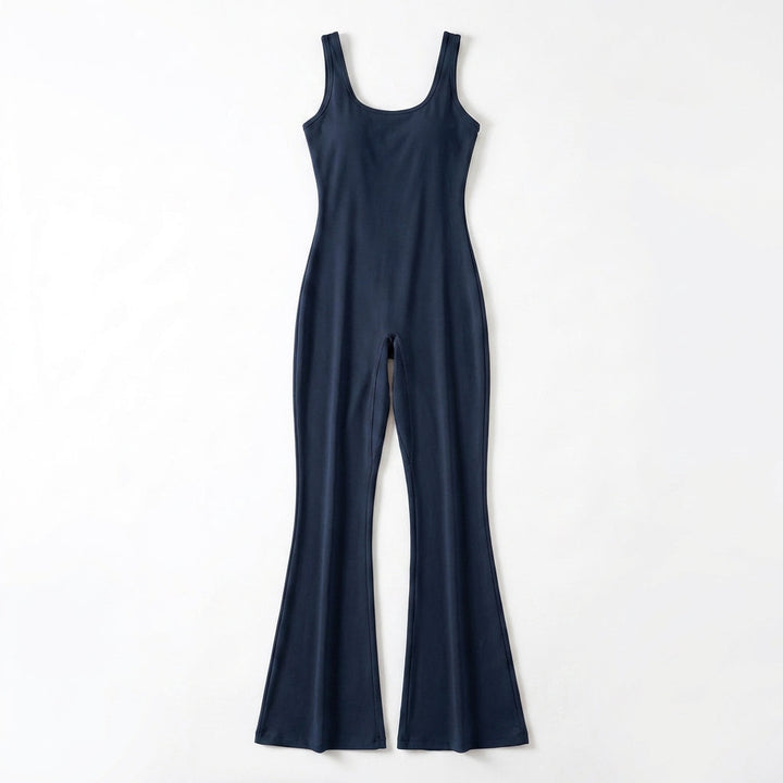 Women's Scoop Neck Sleeveless Fitted Bodice Flared Leg Full Length Jumpsuit
