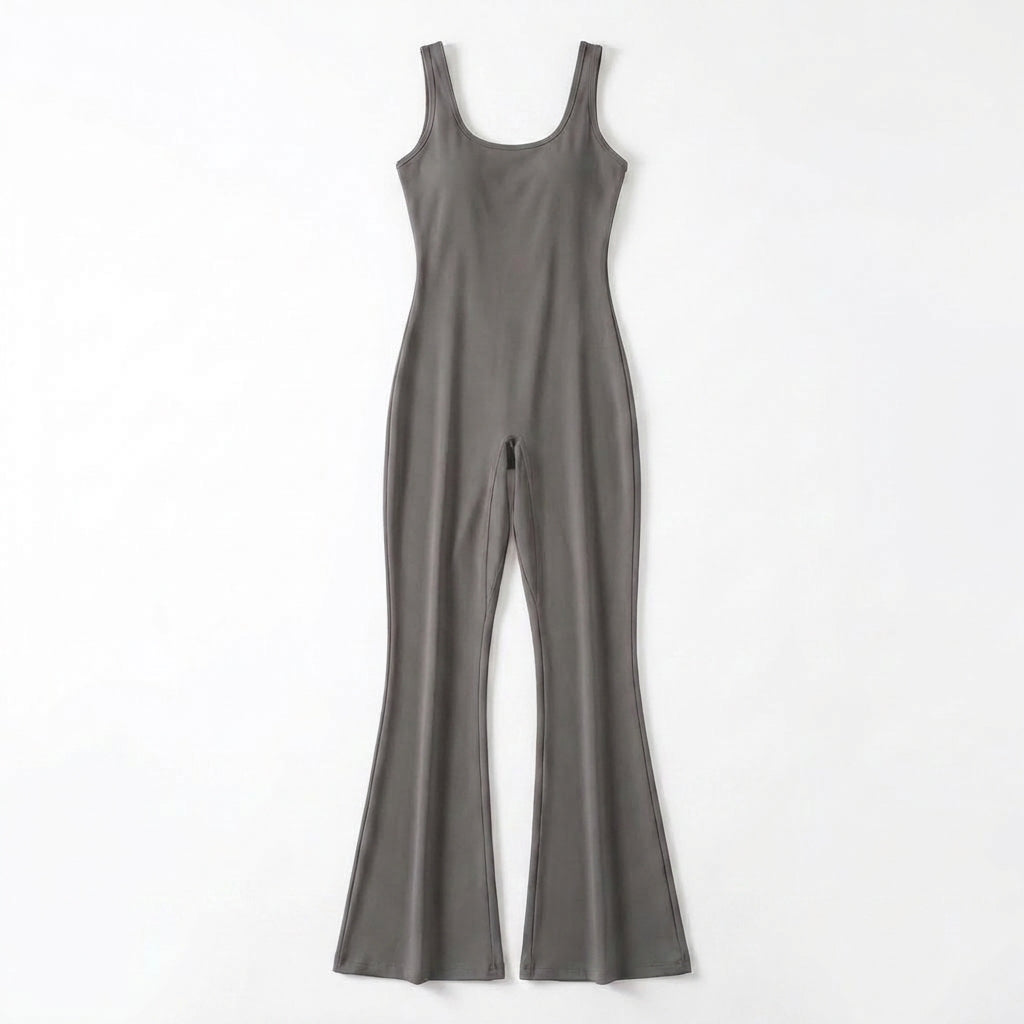 Women's Scoop Neck Sleeveless Fitted Bodice Flared Leg Full Length Jumpsuit