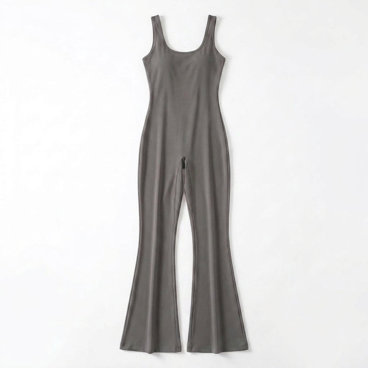 Women's Scoop Neck Sleeveless Fitted Bodice Flared Leg Full Length Jumpsuit