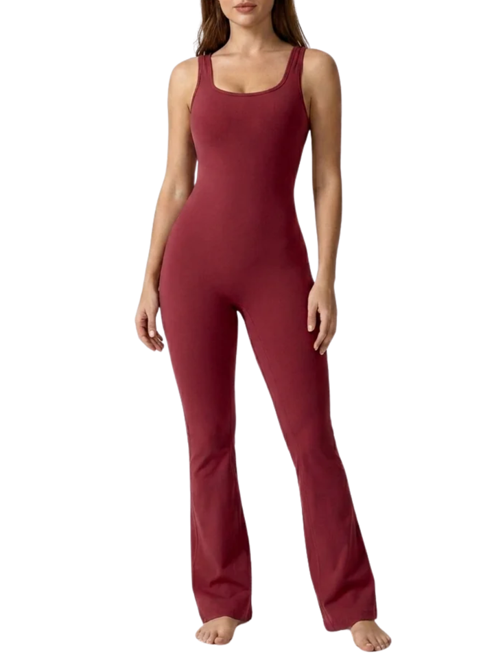 Women's Scoop Neck Sleeveless Fitted Bodice Flared Leg Full Length Jumpsuit