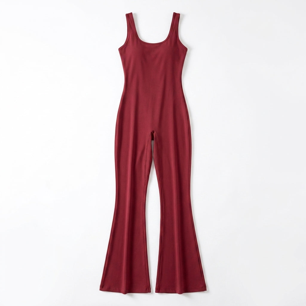 Women's Scoop Neck Sleeveless Fitted Bodice Flared Leg Full Length Jumpsuit