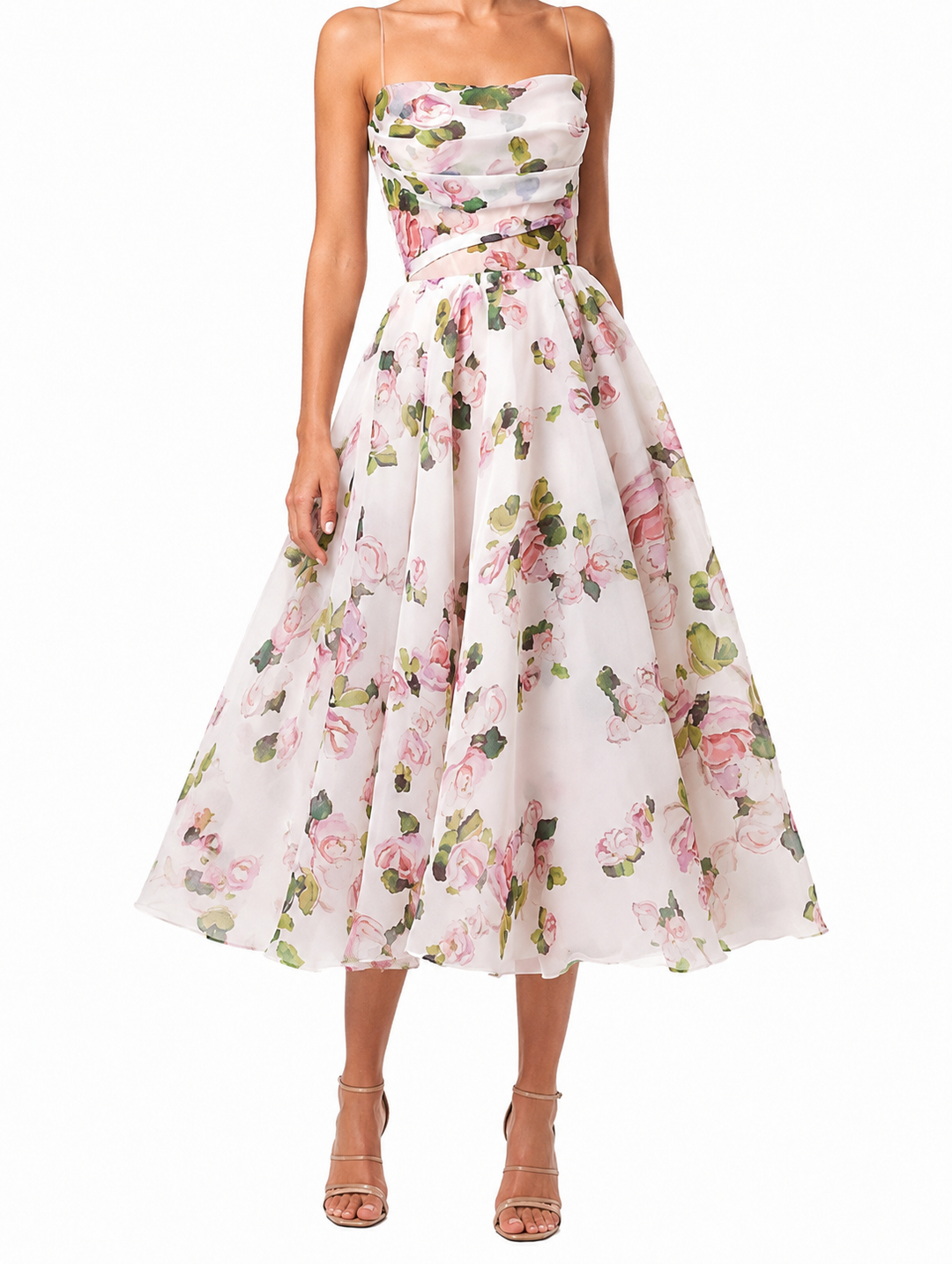 Women's Sheer Organza Large Scale Painterly Rose Print Spaghetti Strap Draped Straight Neckline Fitted Bodice Full Pleated A-Line Midi Dress